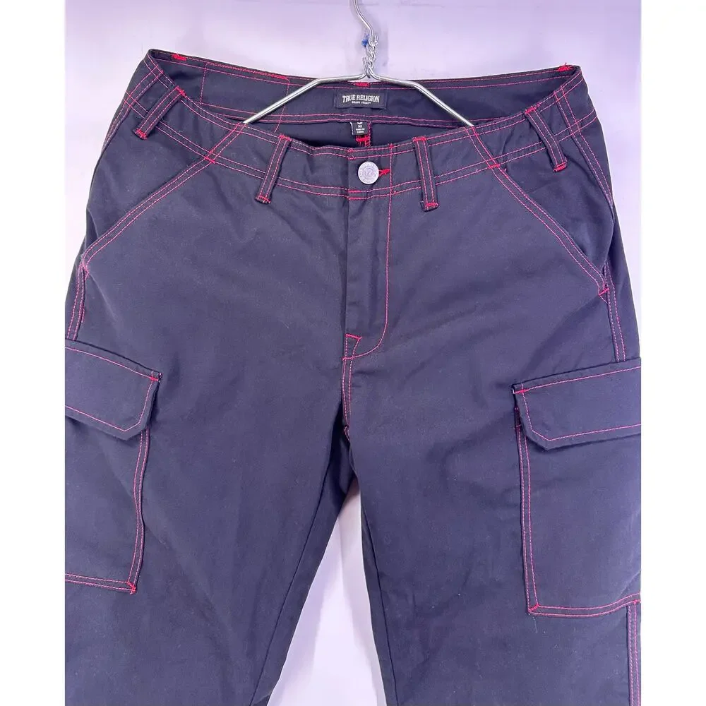 True Religion Jet Black Cargo Jeans Red Accents Size 32